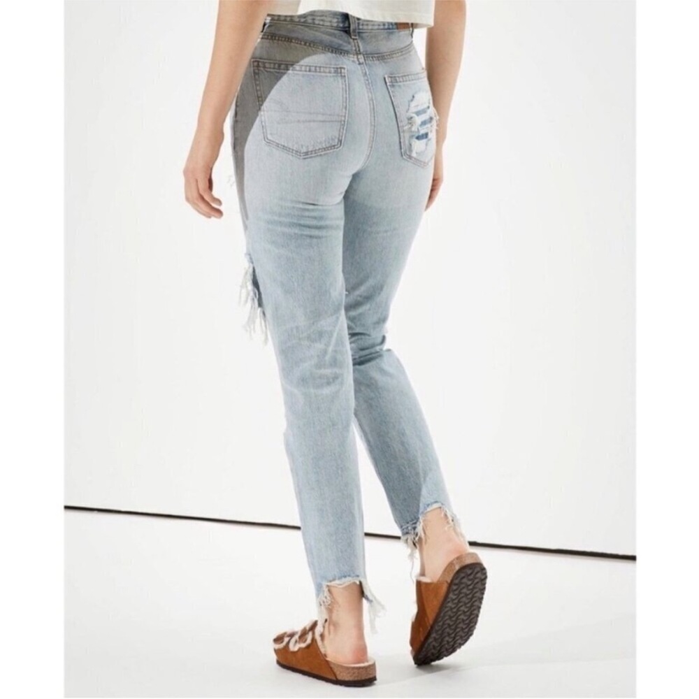 NEW American Eagle High Rise Mom Jeans Distressed Blown Out Blue 100% Cotton 2 - Picture 2 of 12
